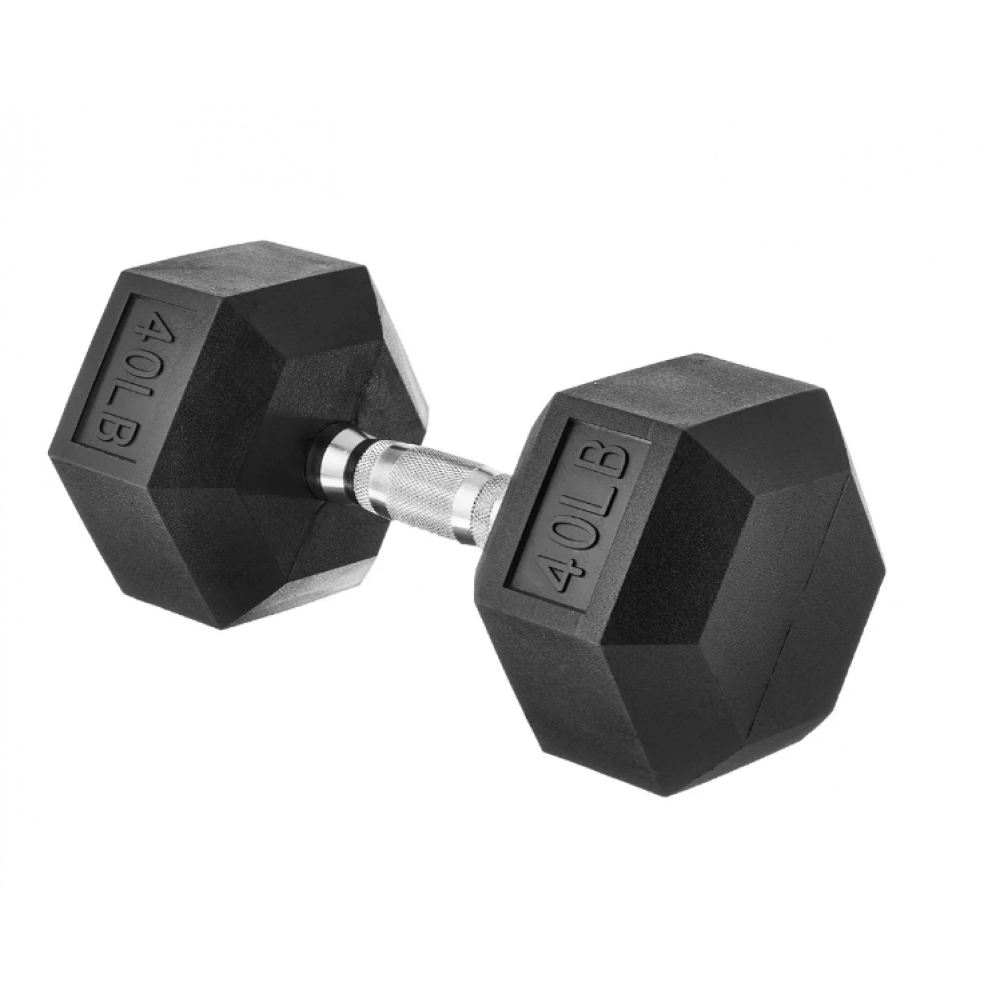 Rubber Encased Exercise & Fitness Hex Dumbbell, Hand Weight for Strength Training, 40 lb, Black & Silver Rubber Encased Exercise & Fitness Hex Dumbbell, Hand Weight for Strength Training, 40 lb, Black & Silver