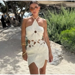 Women's Short Strap Beach Dress Sexy Hollow Knitted Backless Dresses Summer Irregular Pattern Strap Women's Clothing