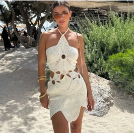 Women's Short Strap Beach Dress Sexy Hollow Knitted Backless Dresses Summer Irregular Pattern Strap Women's Clothing
