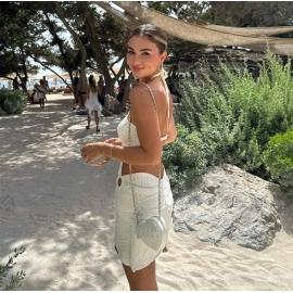 Women's Short Strap Beach Dress Sexy Hollow Knitted Backless Dresses Summer Irregular Pattern Strap Women's Clothing