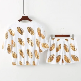 Summer Streetwear Short Sleeve Sequins Geometric Round Neck T-Shirt +Elastic Waist Pants Hip Hop Loose Women's Two-Piece Sets