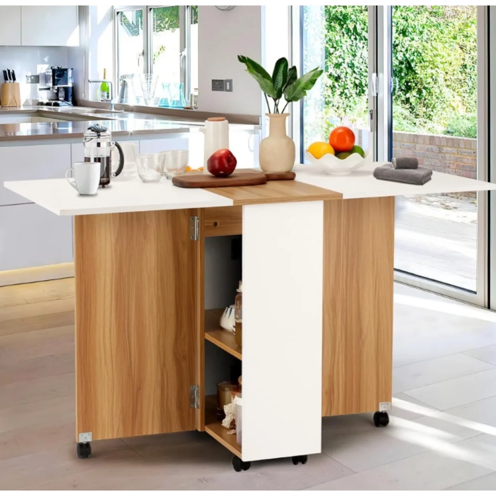 Folding Dining Table, Drop Leaf Dining Table with Lockable Wheels, Space Saving Extendable Dinner Table with Storage Folding Dining Table, Drop Leaf Dining Table with Lockable Wheels, Space Saving Extendable Dinner Table with Storage