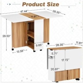 Folding Dining Table, Drop Leaf Dining Table with Lockable Wheels, Space Saving Extendable Dinner Table with Storage